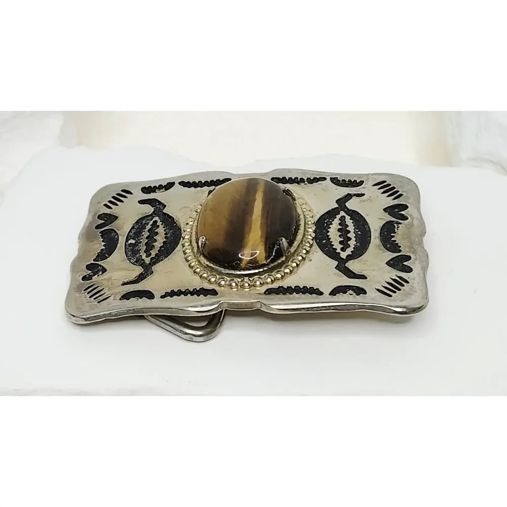 Vintage Southwestern Silver Tone Belt Buckle Genuine Tiger Eye Stone Cabochon